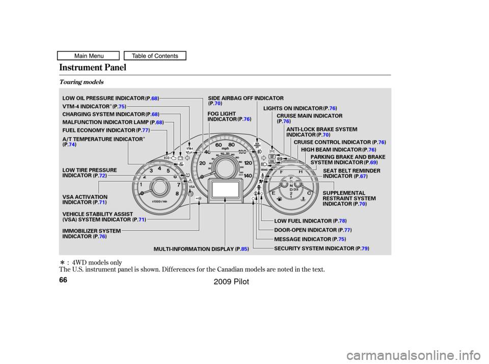 HONDA PILOT 2009 2.G Owners Manual Î
ÎÎ
The U.S. instrument panel is shown. Dif f erences f or the Canadian models are noted in the text.: 4WD models only
Instrument Panel
T ouring models
66
ANTI-LOCK BRAKE SYSTEM
INDICATOR
HIGH HONDA PILOT 2009 2.G Owners Manual Î
ÎÎ
The U.S. instrument panel is shown. Dif f erences f or the Canadian models are noted in the text.: 4WD models only
Instrument Panel
T ouring models
66
ANTI-LOCK BRAKE SYSTEM
INDICATOR
HIGH