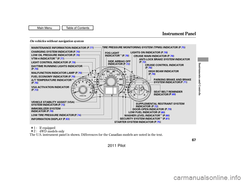HONDA PILOT 2011 2.G Owners Manual ÎÎ
Î Î
Î
Î
Î
The U.S. instrument panel is shown. Dif f erences f or the Canadian models are noted in the text. 4WD models only If equipped
1:
2:
Instrument Panel
Inst rument s and Cont r