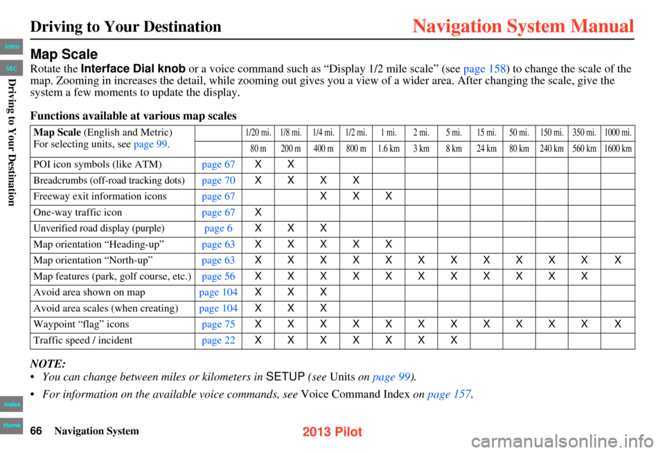 HONDA PILOT 2013 2.G Navigation Manual 66Navigation System
Driving to Your Destination
Map Scale
Rotate the Interface Dial knob or a voice command such as “Display 1/2 mile scale” (see page 158) to change the scale of the 
map. Zooming