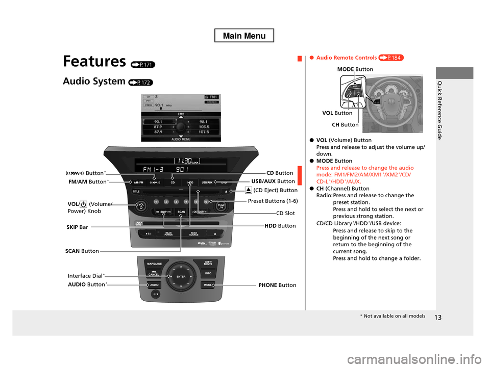 HONDA PILOT 2013 2.G Owners Manual 13
Quick Reference Guide
Features (P171)
Audio System (P172)
SCAN Button
SKIP Bar
Interface Dial*
HDD Button
VOL/ (Volume/
Power) Knob
USB/AUX Button
CD Slot
 (CD Eject) Button
Preset Buttons (1-6)
PH