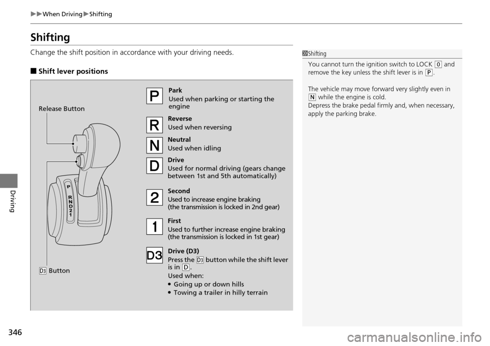 HONDA PILOT 2014 2.G Owners Manual 346
uu When Driving  u Shifting
Driving
Shifting
Change the shift positi on in accordance with your driving needs.
■Shift lever positions
1Shifting
You cannot turn the ignition switch to LOCK 
 (
0

