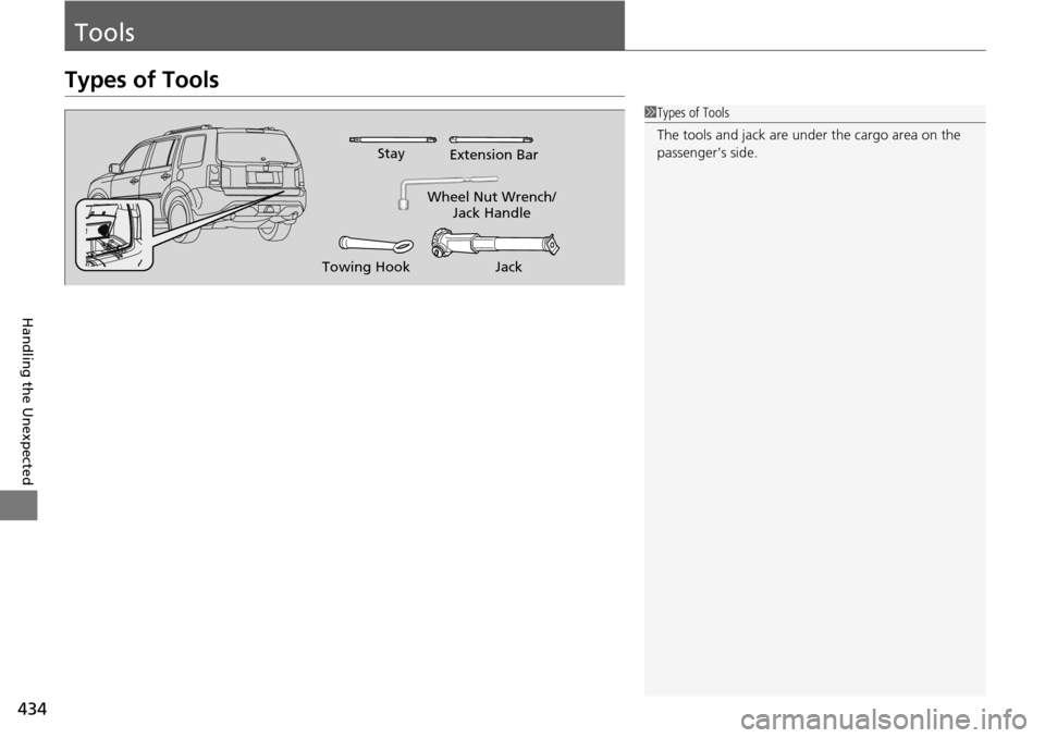 HONDA PILOT 2014 2.G Owners Manual 434
Handling the Unexpected
Tools
Types of Tools
1Types of Tools
The tools and jack are unde r the cargo area on the 
passenger’s side.
Wheel Nut Wrench/ Jack Handle
Jack
Towing Hook Stay
Extension 