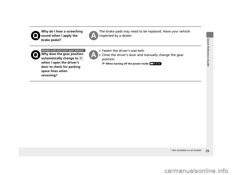 HONDA PILOT 2016 3.G Owners Manual 29
Quick Reference Guide
Why do I hear a screeching 
sound when I apply the 
brake pedal?The brake pads may need to be replaced. Have your vehicle 
inspected by a dealer.
Why does the gear position 
a