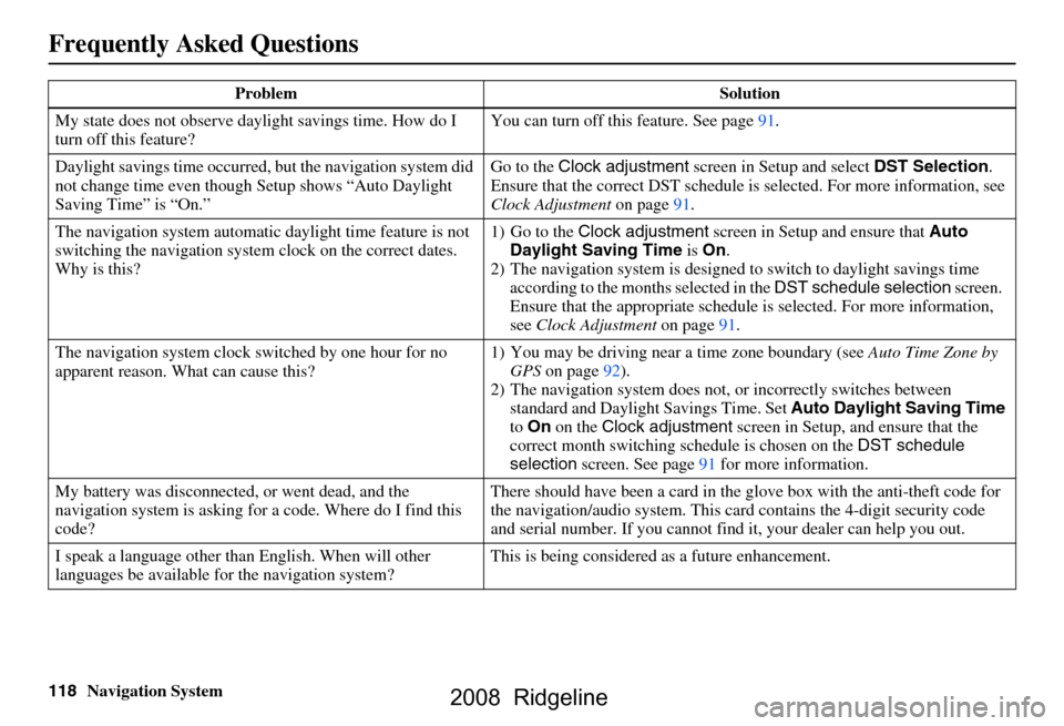 HONDA RIDGELINE 2008 1.G Navigation Manual 
118Navigation System
Frequently Asked Questions
My state does not observe daylight savings time. How do I 
turn off this feature? You can turn off this feature. See page
91.
Daylight savings time occ