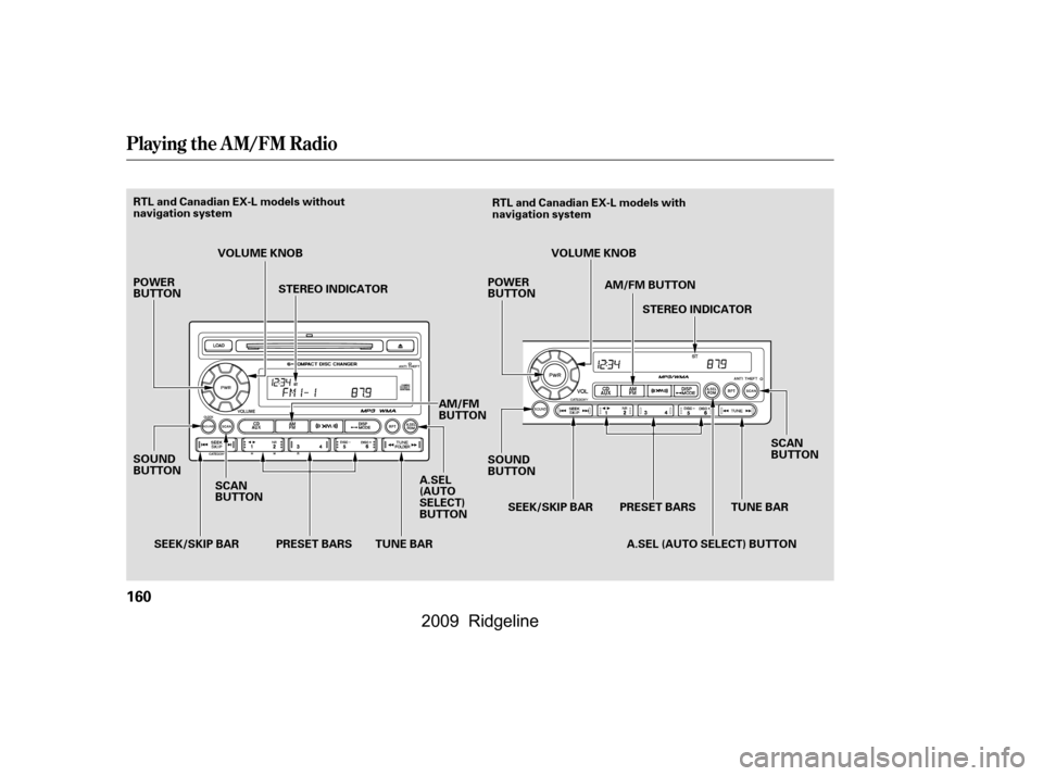 HONDA RIDGELINE 2009 1.G Owners Manual Playing the AM/FM Radio
160
SCAN 
BUTTONTUNE BAR
PRESET BARS
SEEK/SKIP BAR
RTL and Canadian EX-L models without
navigation system
RTL and Canadian EX-L models with
navigation system
POWER
BUTTON 
SOUN