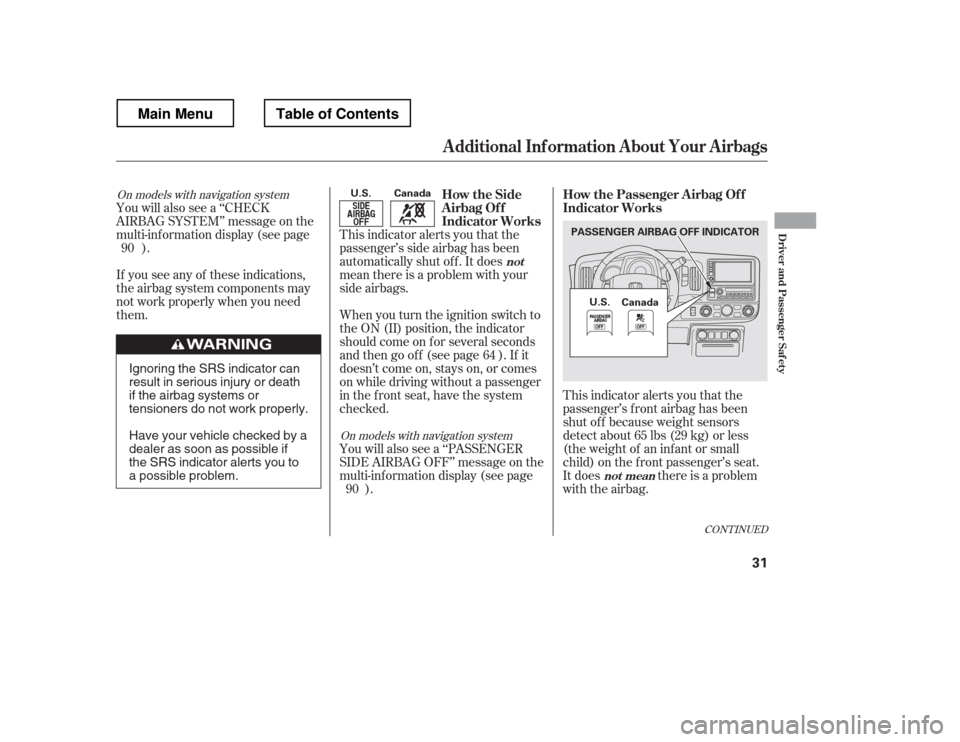 HONDA RIDGELINE 2012 1.G Owners Manual CONT INUED
This indicator alerts you that the 
passenger