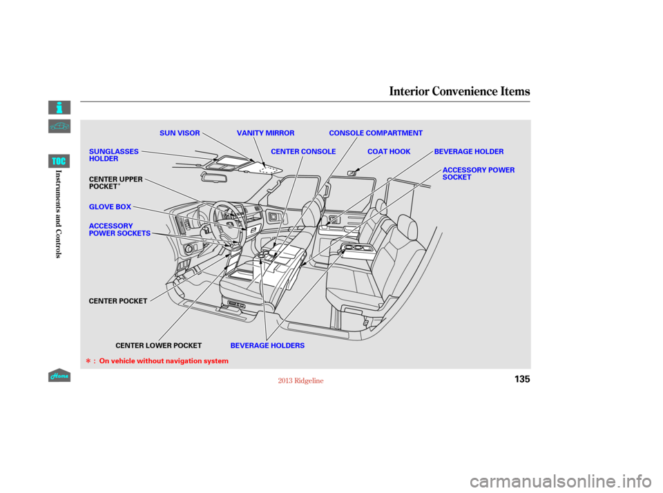 HONDA RIDGELINE 2013 1.G Owners Manual Î
Î
Interior Convenience Items
135
GLOVE BOXACCESSORY POWER
SOCKET
CENTER UPPER
POCKET
CENTER POCKET CENTER LOWER POCKET BEVERAGE HOLDERS
: On vehicle without navigation system CONSOLE COMPARTMENT