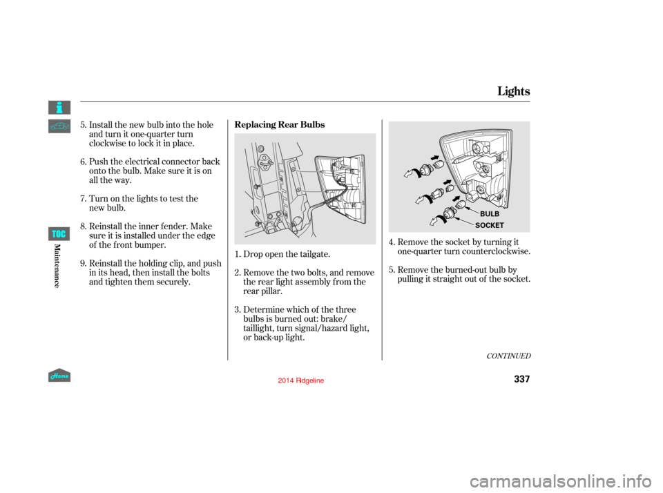 HONDA RIDGELINE 2014 1.G Owners Manual Remove the socket by turning it
one-quarter turn counterclockwise.
Remove the burned-out bulb by
pulling it straight out of the socket.
Drop open the tailgate.
Remove the two bolts, and remove
the rea