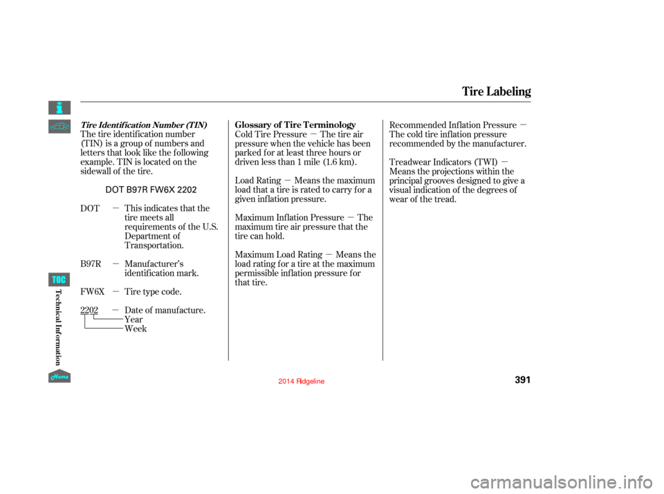 HONDA RIDGELINE 2014 1.G Owners Manual µ
µ µ
µ µ
µ
µ µ µ
µ
The tire identification number
(TIN) is a group of numbers and
letters that look like the following
example. TIN is located on the
sidewall of the tire.
Wee HONDA RIDGELINE 2014 1.G Owners Manual µ
µ µ
µ µ
µ
µ µ µ
µ
The tire identification number
(TIN) is a group of numbers and
letters that look like the following
example. TIN is located on the
sidewall of the tire.
Wee
