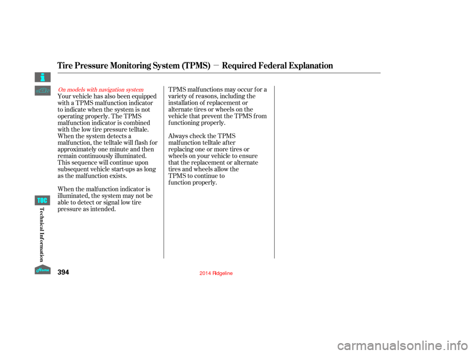 HONDA RIDGELINE 2014 1.G Owners Manual µ
TPMS malf unctions may occur f or a
variety of reasons, including the
installation of replacement or
alternate tires or wheels on the
vehicle that prevent the TPMS f rom
f unctioning properly.
Alw