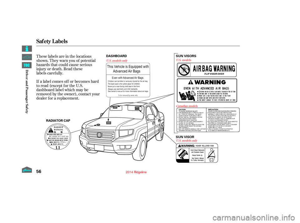 HONDA RIDGELINE 2014 1.G Owners Manual These labels are in the locations
shown. They warn you of potential
hazards that could cause serious
injury or death. Read these   
labels carefully.
If a label comes of f or becomes hard
to read (exc