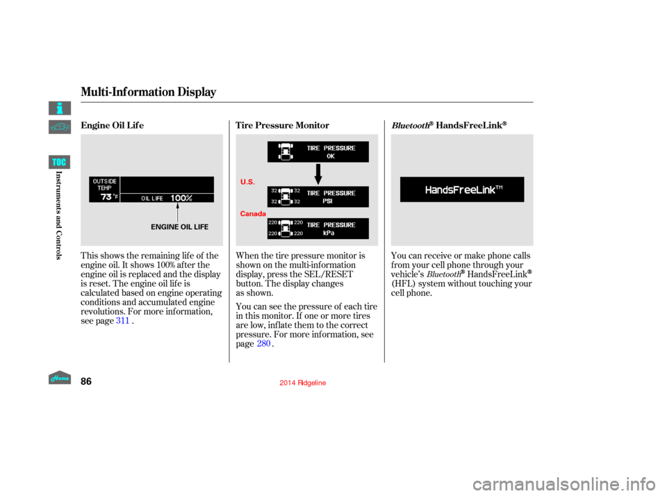 HONDA RIDGELINE 2014 1.G Owners Manual This shows the remaining lif e of the
engine oil. It shows 100% af ter the
engine oil is replaced and the display
is reset. The engine oil lif e is
calculated based on engine operating
conditions and 