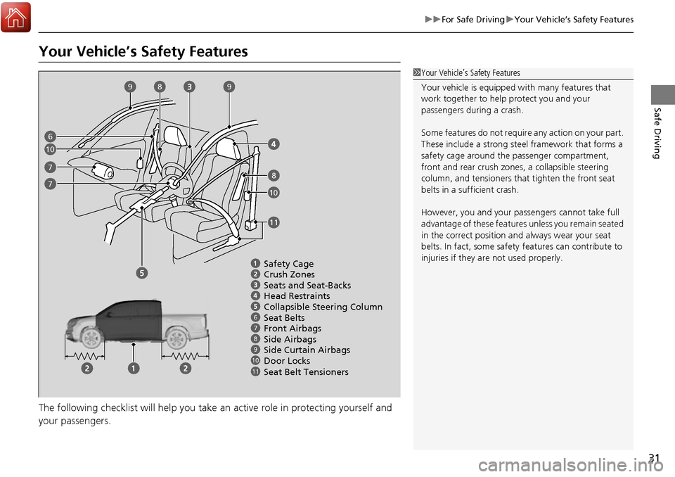 HONDA RIDGELINE 2017 2.G Owners Manual 31
uuFor Safe Driving uYour Vehicle’s Safety Features
Safe Driving
Your Vehicle’s Safety Features
The following checklist will he lp you take an active role in protecting yourself and
your passen HONDA RIDGELINE 2017 2.G Owners Manual 31
uuFor Safe Driving uYour Vehicle’s Safety Features
Safe Driving
Your Vehicle’s Safety Features
The following checklist will he lp you take an active role in protecting yourself and
your passen