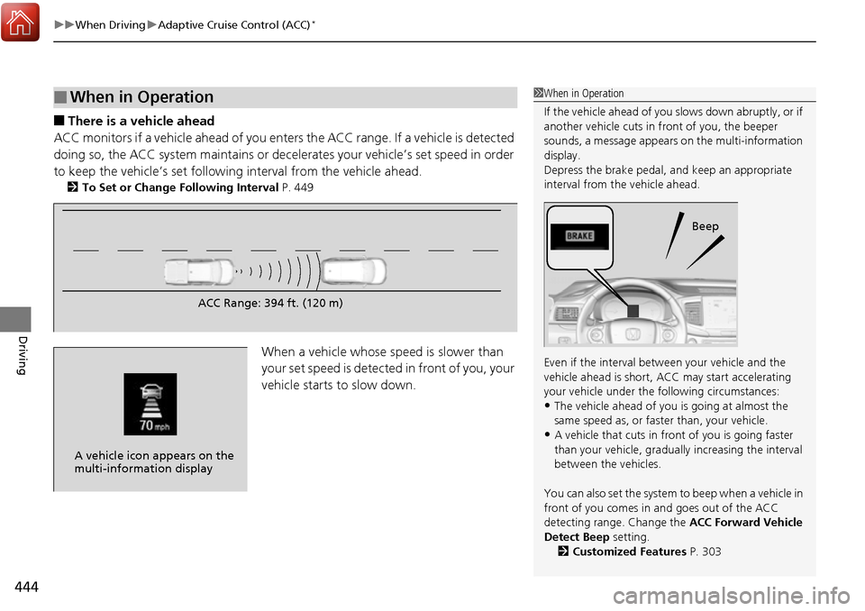 HONDA RIDGELINE 2017 2.G Owners Manual uuWhen Driving uAdaptive Cruise Control (ACC)*
444
Driving
■There is a vehicle ahead
ACC monitors if a vehicle ahead of you enters  the ACC range. If a vehicle is detected 
doing so, the ACC system 