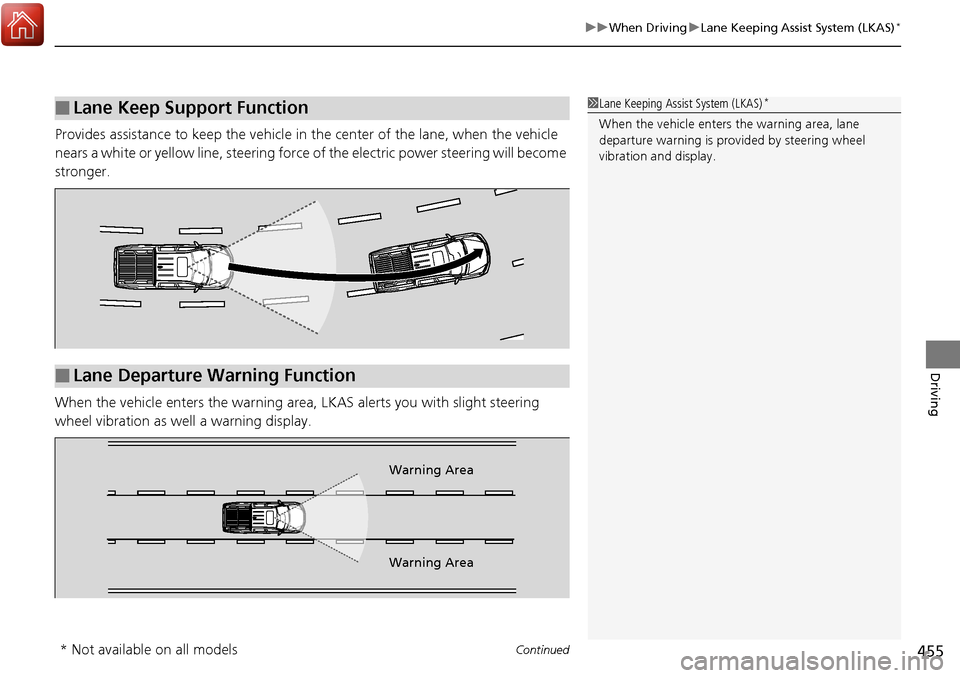HONDA RIDGELINE 2017 2.G Owners Manual Continued455
uuWhen Driving uLane Keeping Assist System (LKAS)*
Driving
Provides assistance to keep the vehicle in  the center of the lane, when the vehicle 
nears a white or yellow line, steering for