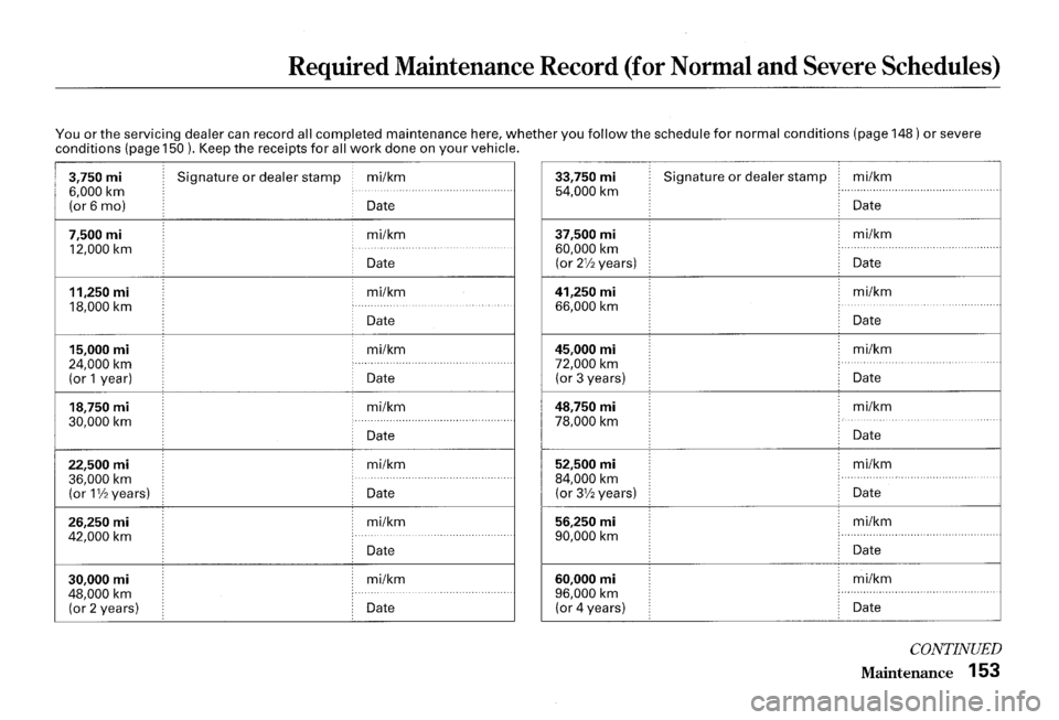 HONDA S2000 2000 1.G Owners Manual Required Maintenance  Record (for Normal and Severe Schedules) 
You or the servicing dealer can  record all completed maintenance here, whether you follow the schedule for normal conditions (page  148