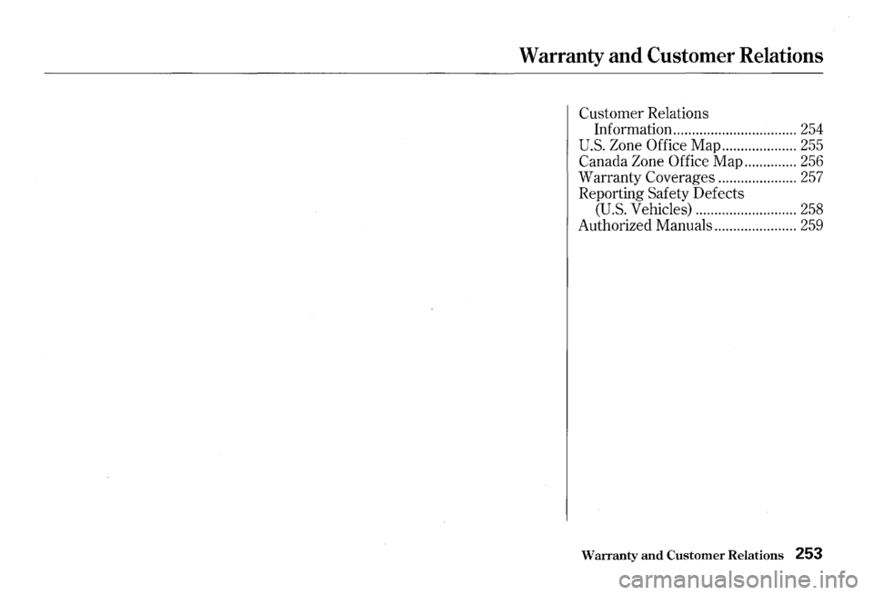 HONDA S2000 2000 1.G Owners Manual Warranty and Customer Relations 
Customer Relations 
Information  .................................  254 
U.S. Zone Office Map .................... 255 
Canada Zone Office  Map ..............  256 
Wa