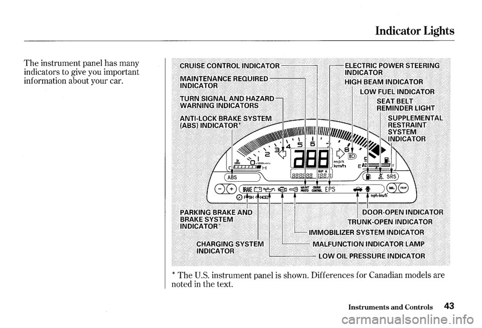 HONDA S2000 2000 1.G Owners Manual The instrument panel has many 
indicators  to give  you important 
information  about your car. 
Indicator  Lights 
EliA~~~I\Id~vs"l~:l\ll IVIALFoi\Jt"fld~INDic.4.tdRtAMP: .·· · 
> · ll\lbicAfOR
