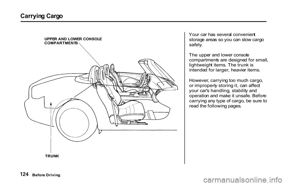 HONDA S2000 2001 1.G Owners Manual 
Carryin
g Carg o

UPPE R AN D  LOWE R CONSOL E

COMPARTMENT S

TRUN K
 You
r ca r ha s  severa l convenien t
storag e area s s o yo u ca n sto w carg o

safely .

Th e  uppe r an d lowe r consol e
co