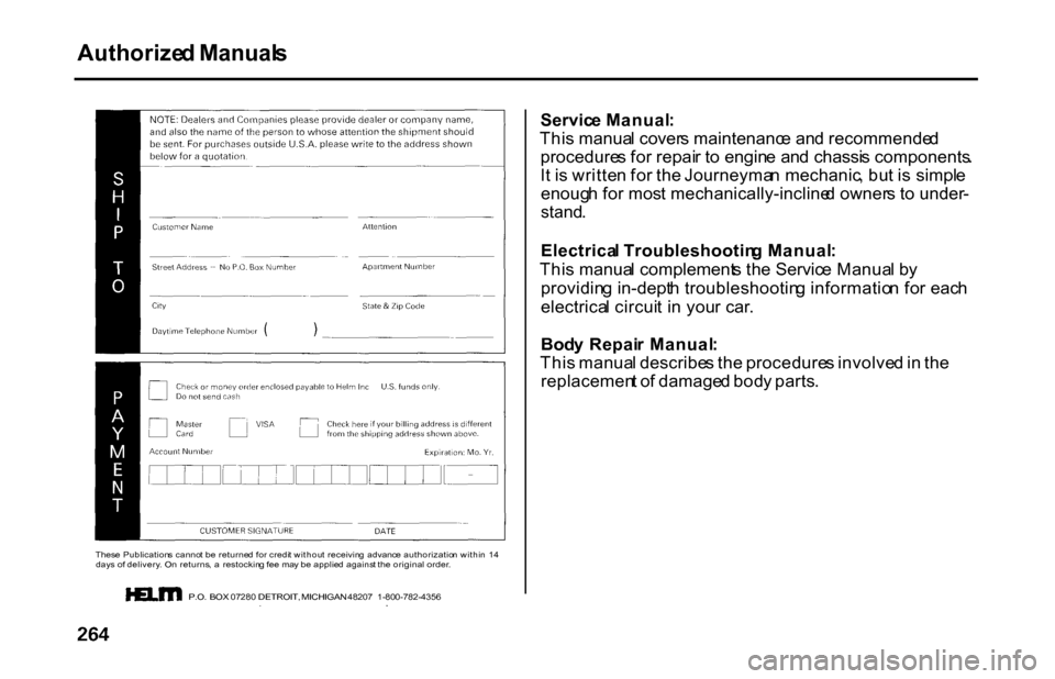 HONDA S2000 2001 1.G Owners Manual Authorize
d Manual s

Thes e  Publication s canno t b e  returne d fo r credi t withou t  receivin g  advanc e authorizatio n withi n  1 4
day s o f delivery . O n returns , a   restockin g fe e ma y 