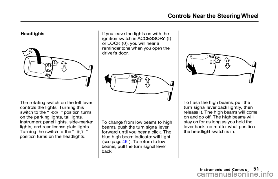 HONDA S2000 2001 1.G Owners Manual
Control
s Nea r th e Steerin g Whee l
Headlight s
Th e rotatin g switc h o n the left leve r
control s th e lights . Turnin g thi s switc
h t o th e positio n turn s
o n th e parkin g lights , ta HONDA S2000 2001 1.G Owners Manual
Control
s Nea r th e Steerin g Whee l
Headlight s
Th e rotatin g switc h o n the left leve r
control s th e lights . Turnin g thi s switc
h t o th e positio n turn s
o n th e parkin g lights , ta