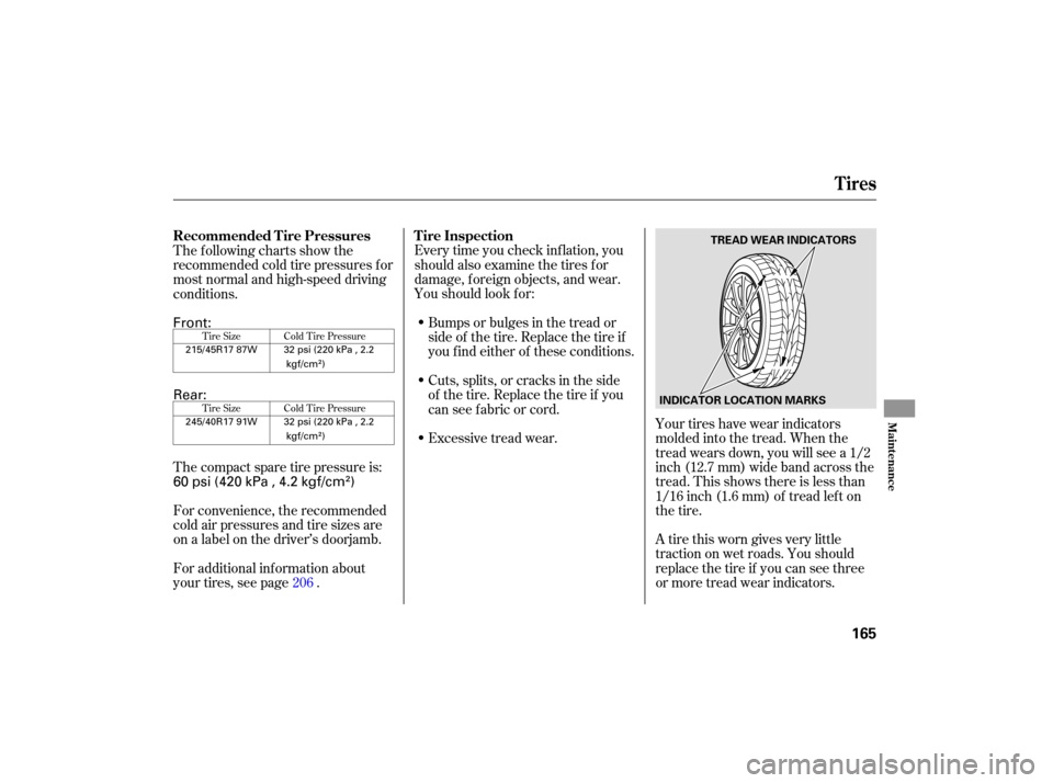 HONDA S2000 2007 2.G Owners Manual Bumps or bulges in the tread or
side of the tire. Replace the tire if
youfindeitheroftheseconditions.
Cu ts, splits, or cracks in the side
of the tire. Replace the tire if you
can se HONDA S2000 2007 2.G Owners Manual Bumps or bulges in the tread or
side of the tire. Replace the tire if
youfindeitheroftheseconditions.
Cu ts, splits, or cracks in the side
of the tire. Replace the tire if you
can se