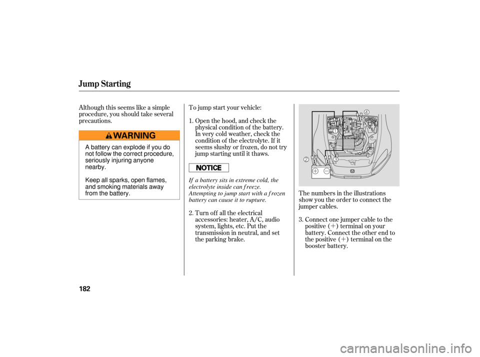 HONDA S2000 2007 2.G Owners Manual ´´
Although this seems like a simple
procedure, you should take several
precautions.
Open the hood, and check the
physical condition of the battery.
In very cold weather, check the
condition of th HONDA S2000 2007 2.G Owners Manual ´´
Although this seems like a simple
procedure, you should take several
precautions.
Open the hood, and check the
physical condition of the battery.
In very cold weather, check the
condition of th