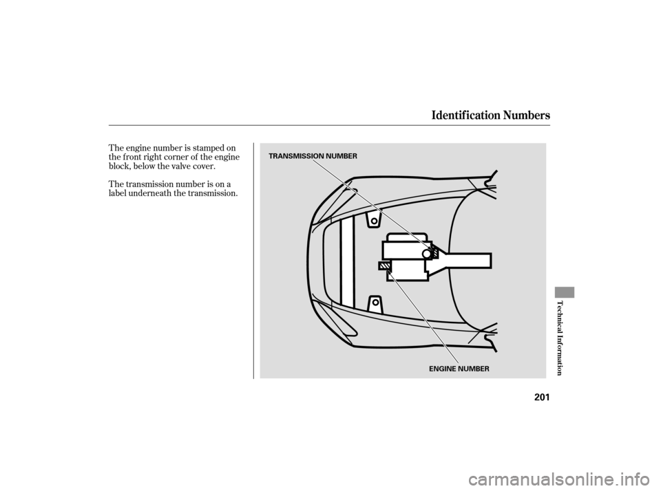 HONDA S2000 2007 2.G Owners Manual The transmission number is on a
label underneath the transmission. The engine number is stamped on
the f ront right corner of the engine
block, below the valve cover.
Identif ication Numbers
Technical