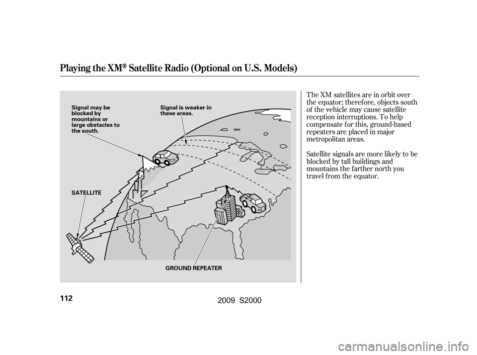 HONDA S2000 2009 2.G Owners Manual TheXMsatellitesareinorbitover 
the equator; therefore, objects south
of the vehicle may cause satellite
reception interruptions. To help
compensate f or this, ground-based
repeaters are placed in majo
