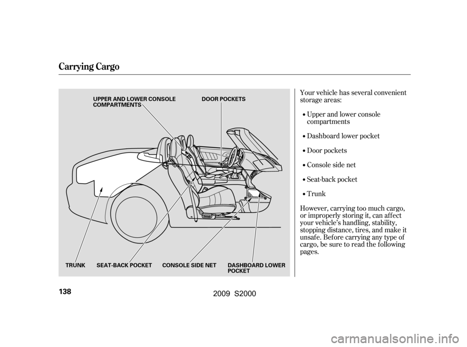 HONDA S2000 2009 2.G Owners Manual Your vehicle has several convenient 
storage areas:Upper and lower console
compartments 
Trunk 
Seat-back pocket
Consolesidenet
Door pockets
Dashboard lower pocket
However, carrying too much cargo, 
o