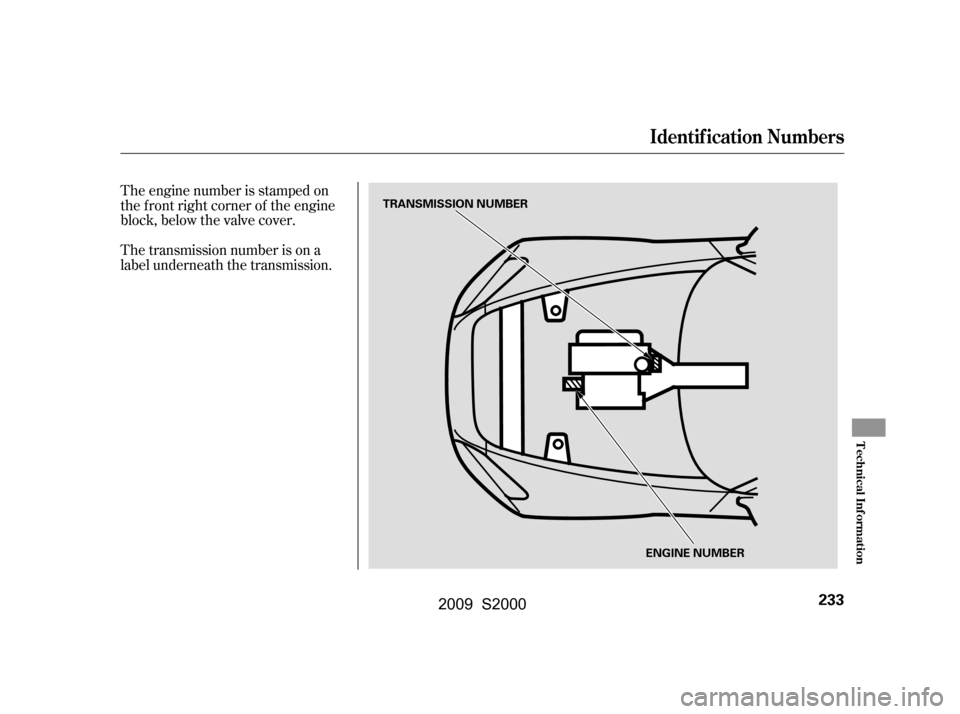 HONDA S2000 2009 2.G Owners Manual The transmission number is on a 
label underneath the transmission. 
The engine number is stamped on 
the f ront right corner of the engine
block, below the valve cover.
Identif ication Numbers
Techni