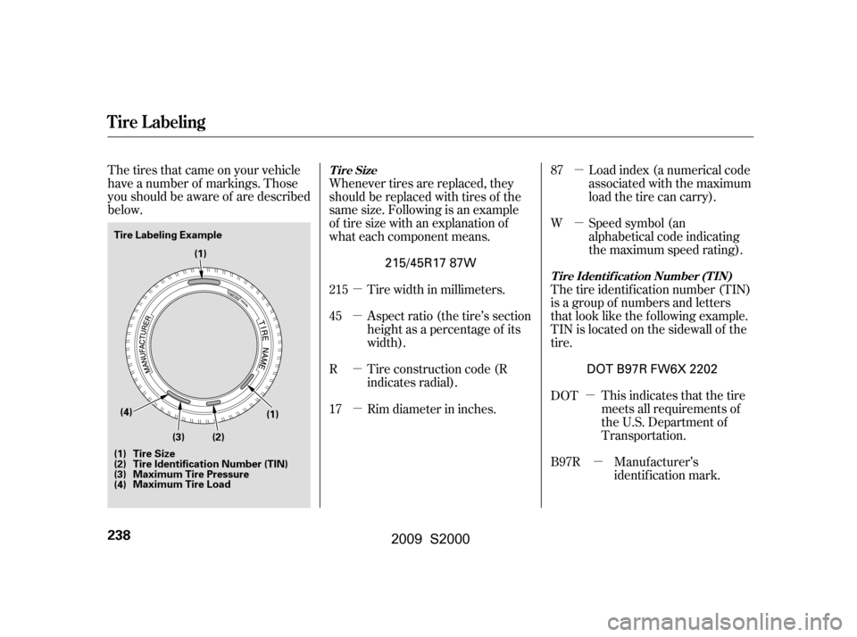 HONDA S2000 2009 2.G Owners Manual µ
µ µ 
µ
µ
µ 
µ 
µ
The tires that came on your vehicle 
have a number of markings. Those
you should be aware of are described
below.
Manuf acturer’s
identification mark.
This indicat