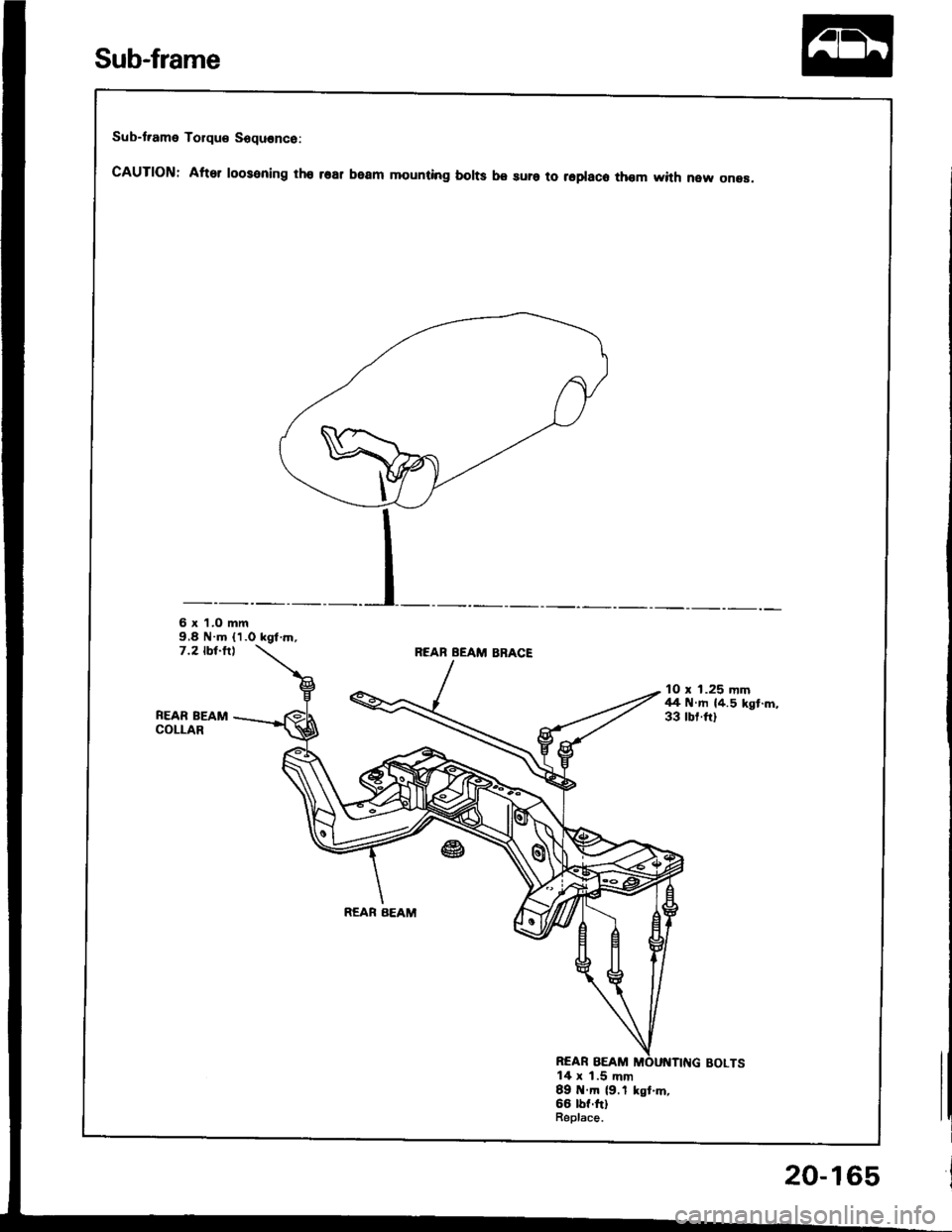 HONDA INTEGRA 1994 4.G Workshop Manual Sub-t.ame Torque Sequence:
cAUTloN: After roosening tho rsar beam mounting borts be sura to repraco thom with new onea.
6 x l.O mm9,8 N.m (1.0 kgt.rn,7.2 tbt-fllREAB BEAM BBACE
FEAR BEAMCOLLAR
10 x 1