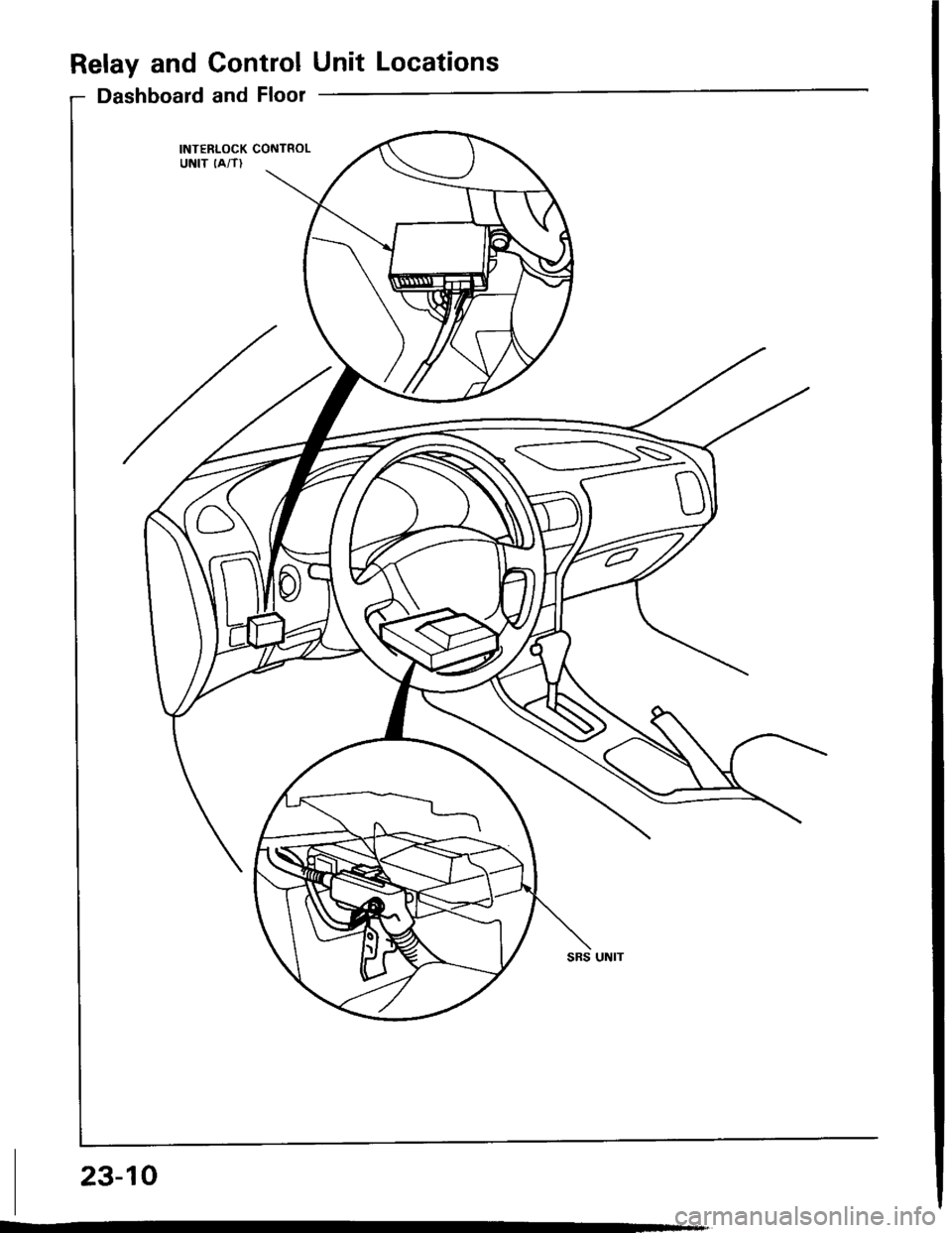 HONDA INTEGRA 1994 4.G Workshop Manual Relay and Control Unit Locations
Dashboard and Floor
INT€RLOCK CONTROLUNIT IA/T)
G
23-10 