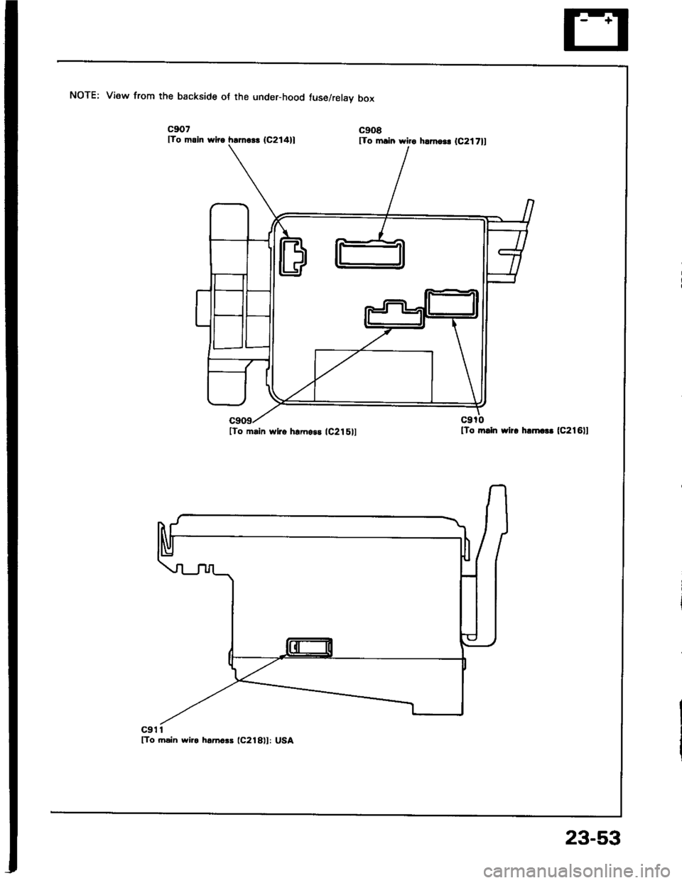 HONDA INTEGRA 1994 4.G Workshop Manual NOTE; View from the backside of the under-hood fuse/relav box
c907lTo m.ln wiro h.mo$ (C214)l
[To msin wlro hEmoss lc215l]
c911lTo ftain wiro hamers (C218)l: USA
lTo mlln wlr. hlmct. (C216li
lTo mrin 