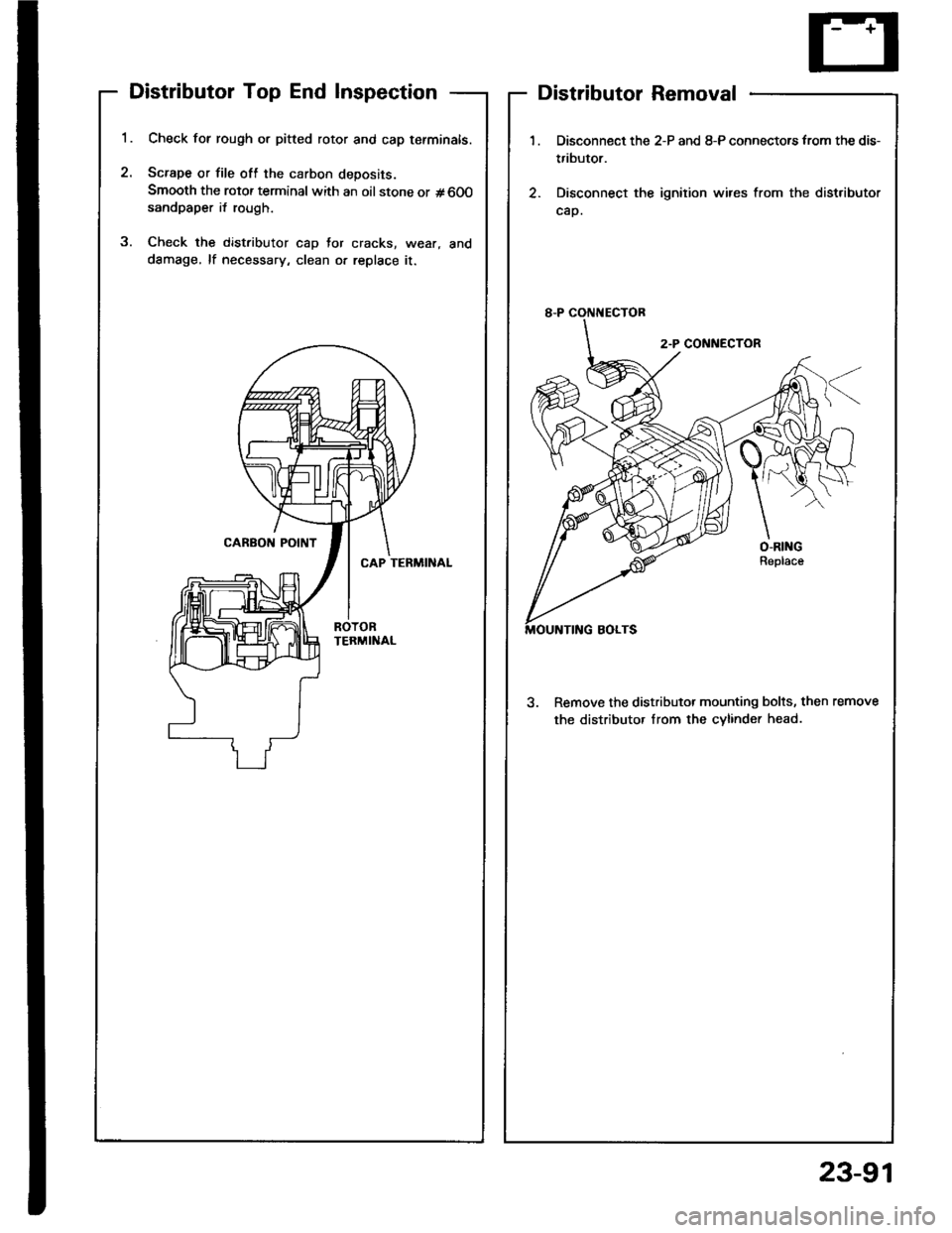 HONDA INTEGRA 1994 4.G Workshop Manual Distributor Top End Inspection
1.
2.
Check for rough or pitted rotor and cap tefminals.
Scrape or file oft the carbon deposits.
Smooth the rotor terminal with an oil stone or #600sandpaper i{ rough.
C
