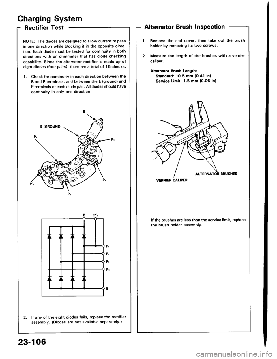 HONDA INTEGRA 1994 4.G Workshop Manual RectifierTest
NOTE: The diodes are designed to allow current to pass
in one direction while blocking it in the opposite direc-
lion. Each diode must be tested for continuitv in both
directions with an HONDA INTEGRA 1994 4.G Workshop Manual RectifierTest
NOTE: The diodes are designed to allow current to pass
in one direction while blocking it in the opposite direc-
lion. Each diode must be tested for continuitv in both
directions with an