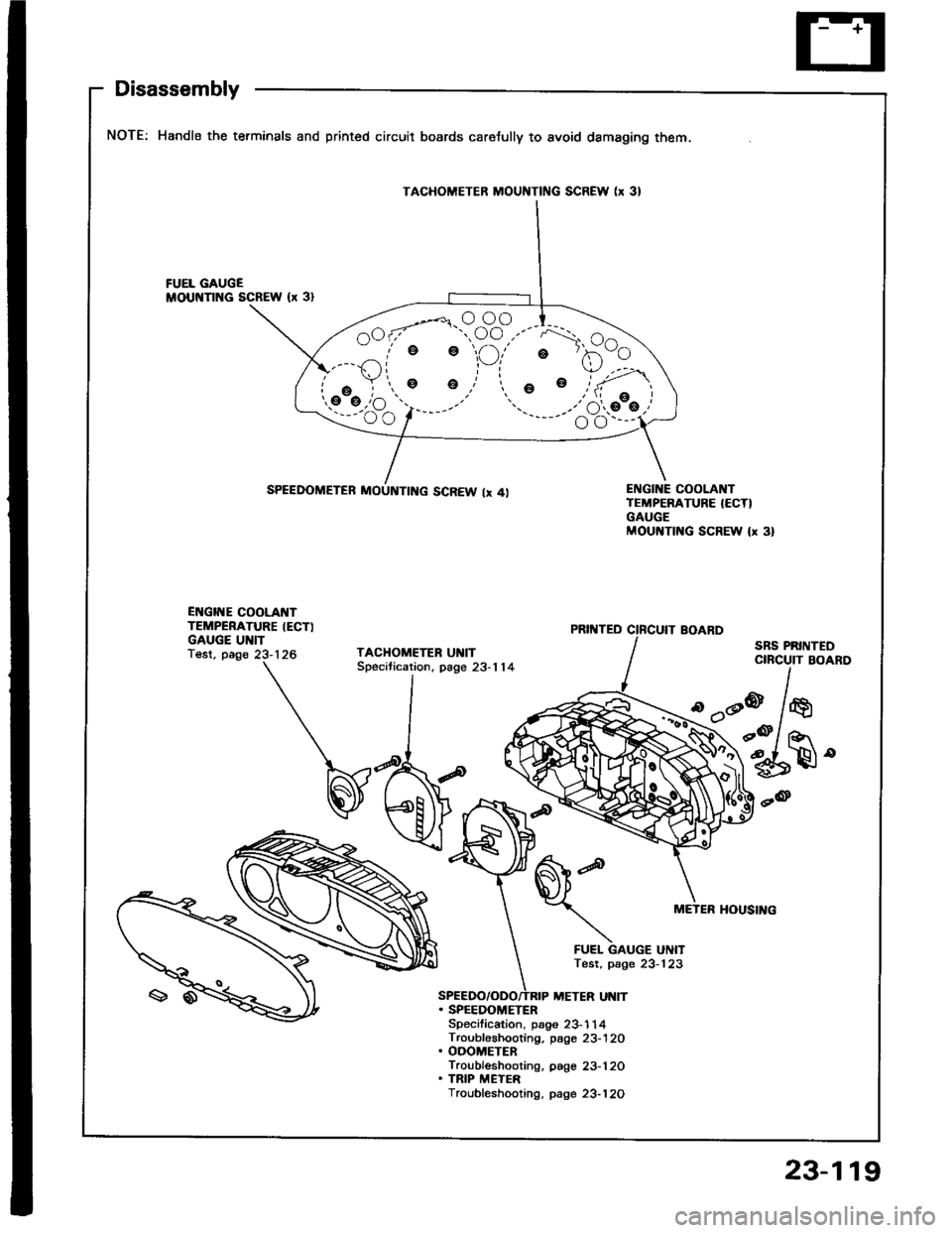 HONDA INTEGRA 1994 4.G Workshop Manual Disassembly
NOTE: Handle the terminals and printed circuit boards caretully to avoid damaging them.
ENGINE COOLA]TTTEiIPERATURE {ECT}GAUGEMOUNTING SCREW (x 3)
TAGHOMETER MOUI{TING SCREW (x 3l
SPEEDOME