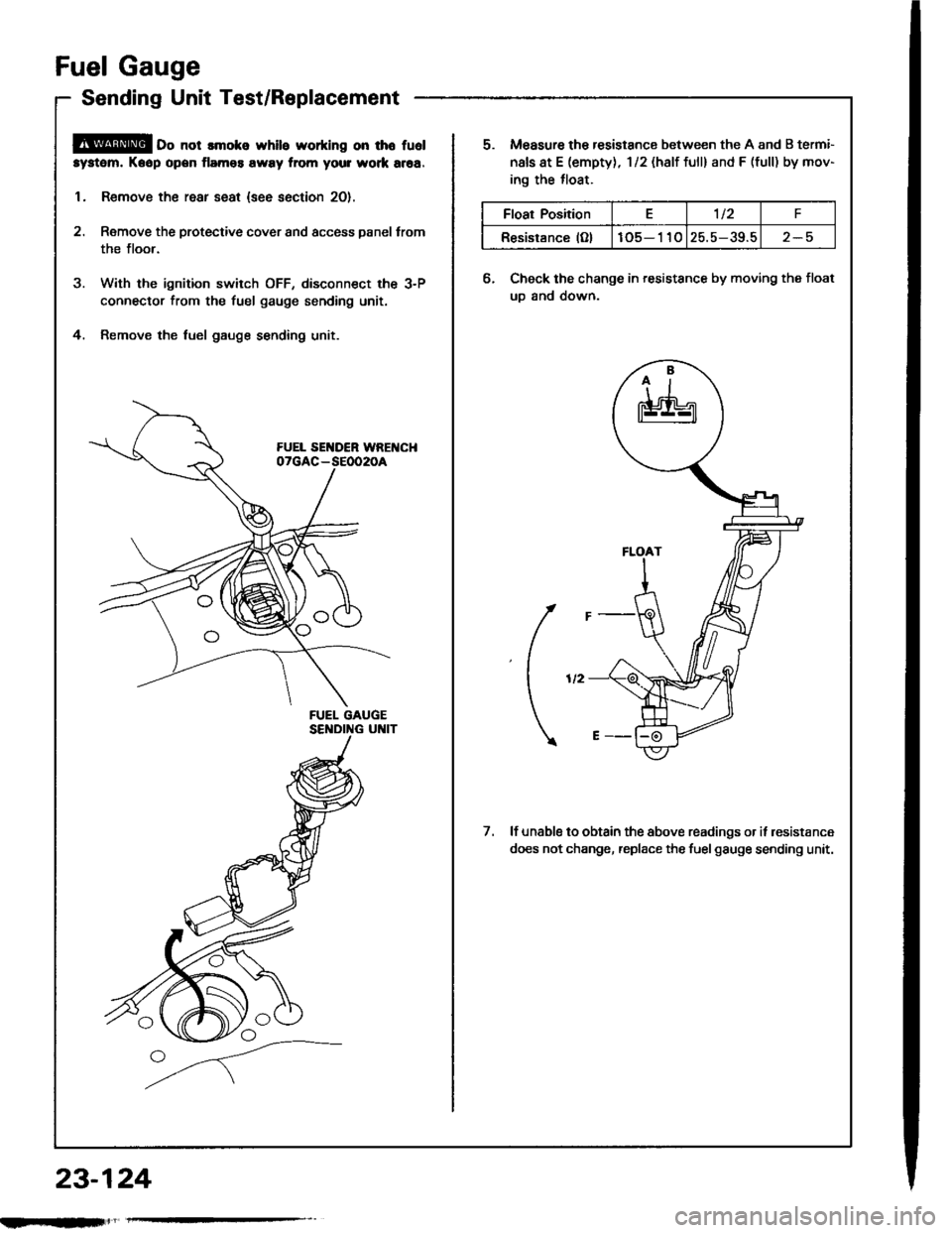 HONDA INTEGRA 1994 4.G Workshop Manual Fuel Gauge
Sending Unit Test/Replacement
@ oo not lmoke while working on tho fuol
system. Kaop open flamos away from your wotk aroa.
1. Remove the rear seat (see section 2O).
2. Remove the protective 