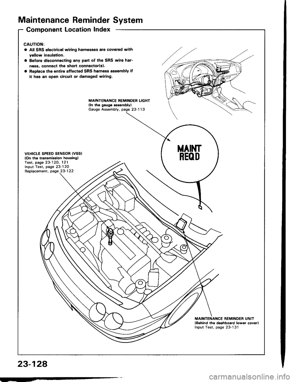 HONDA INTEGRA 1994 4.G Workshop Manual Maintenance ReminderSystem
Gomponent Location Index
23-128
CAUTION:
a All SRS eloctrical wiring haln€sses are coveled with
y€llow insulation.
a Bsfore disconnocting any part of the SRS wire har-
n