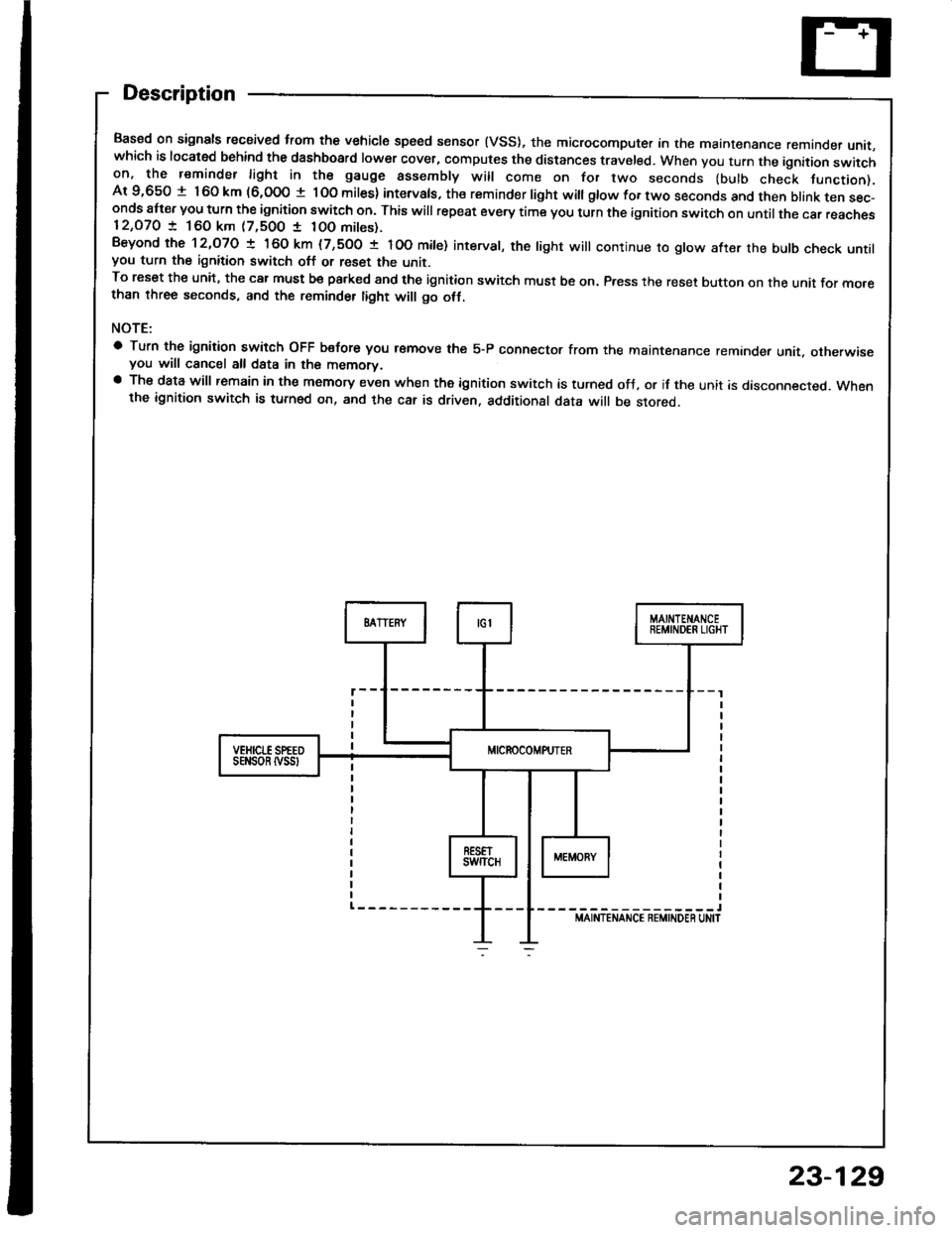 HONDA INTEGRA 1994 4.G Workshop Manual Description
Based on signals recaived trom the vehicle speed sensor (VSS), the microcomputer in the maintenance remande, unit,which is located behind the dashboard lower cover, computes the distances HONDA INTEGRA 1994 4.G Workshop Manual Description
Based on signals recaived trom the vehicle speed sensor (VSS), the microcomputer in the maintenance remande, unit,which is located behind the dashboard lower cover, computes the distances