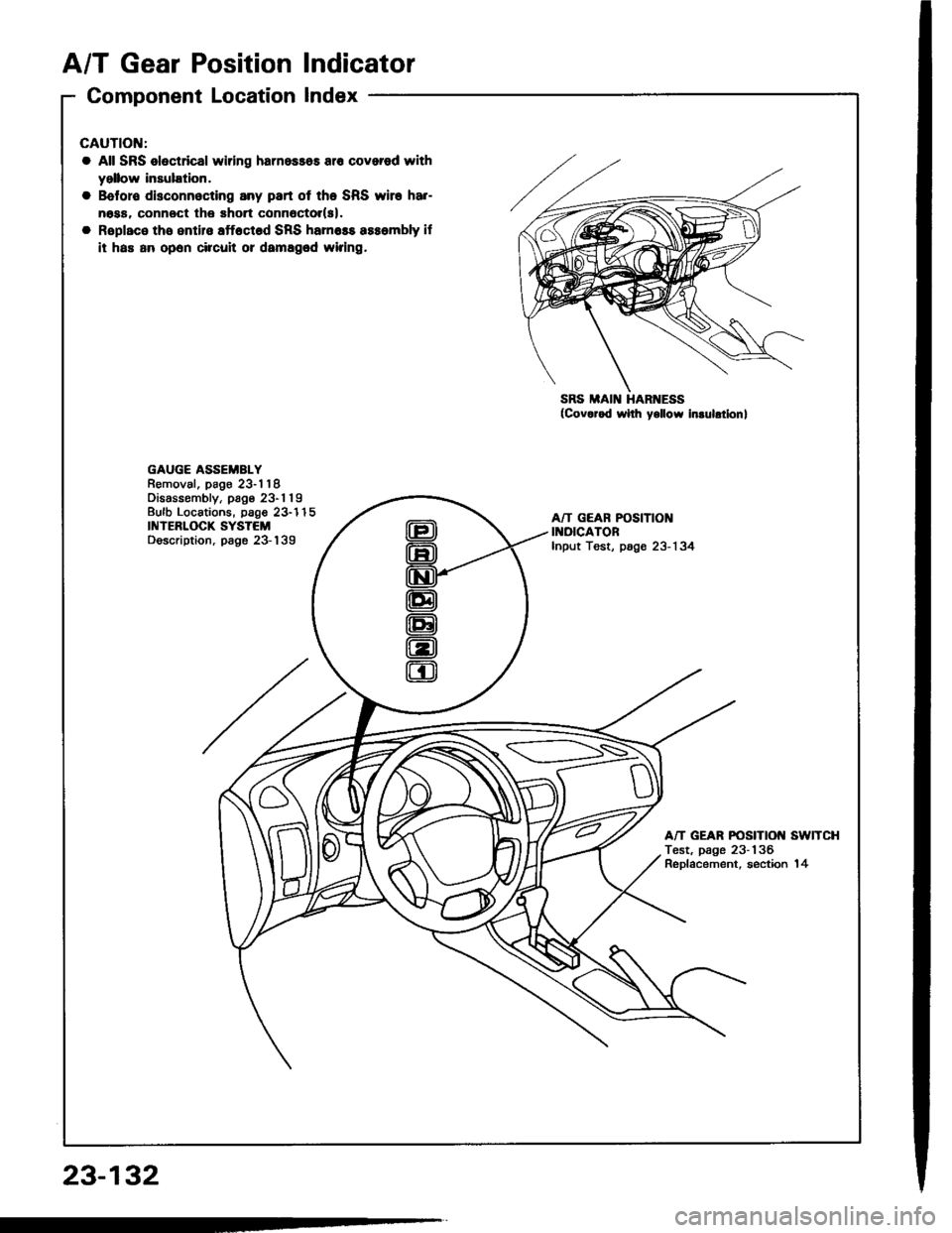 HONDA INTEGRA 1994 4.G Workshop Manual A/T Gear PositionIndicator
Component Locationlndex
23-132
cAUTtOt{:
a All SRS olectdcal wiring harnossos a16 covarod with
yellow insulation.
Boforo disconnocting any part ot the SRS wlr. har-
noaa, co