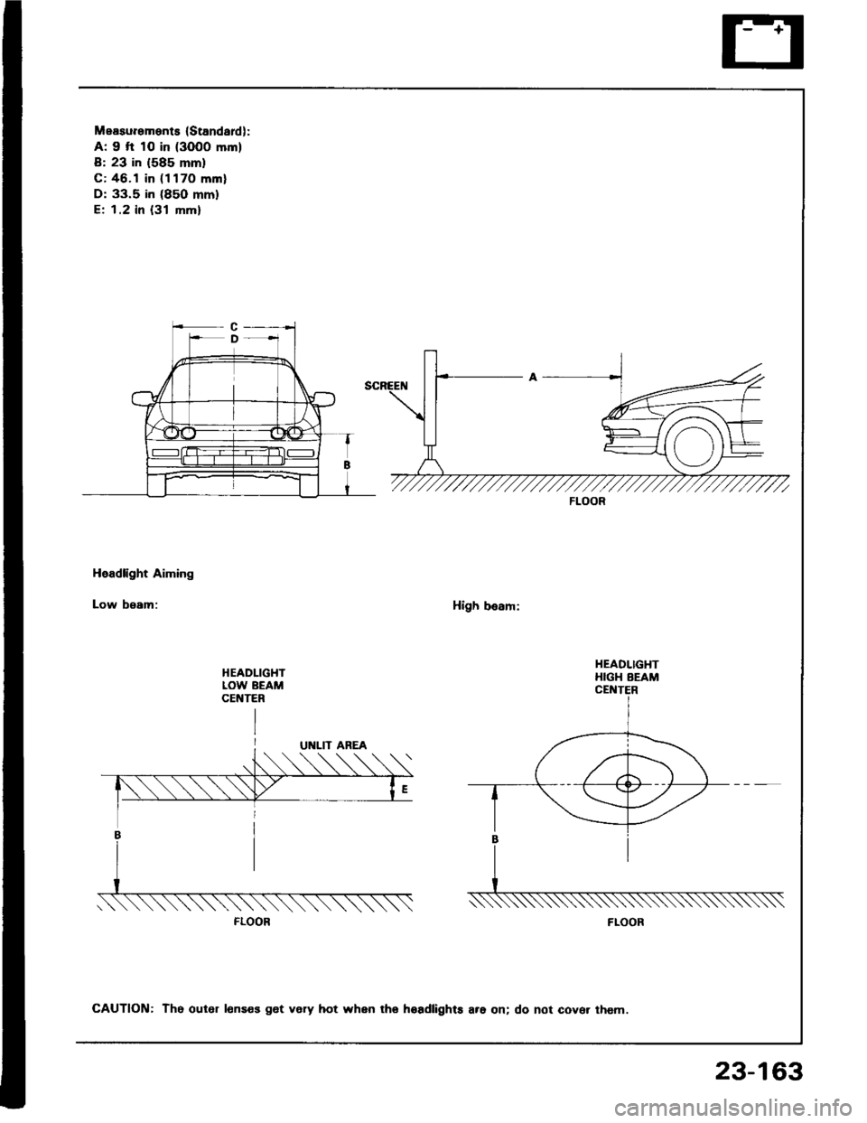 HONDA INTEGRA 1994 4.G Workshop Manual Measurements (Standardl:
A: 9 fi 10 in (3000 mm)
B: 23 in (585 mm)
C: 46.1 in (1170 mml
D: 33.5 in (85O mm)
E; 1.2 in {31 mm}
Headlight Aiming
Low beam:High besm:
HEADLIGHTLOW BEAMCEt{TER
FLOOR
HEADLI