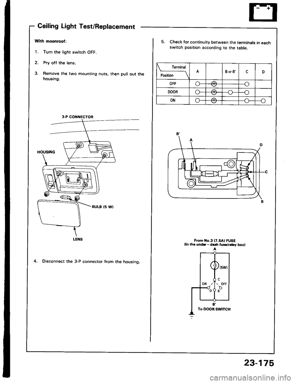 HONDA INTEGRA 1994 4.G Workshop Manual Ceiling Light Test/Replacement
With moonrool:
1. Turn the light switch OFF.
2. Pry otJ the lens.
3. Remove the two mounting nuts, then pull out thehousing.
4. Disconnect the 3-P connector f.om the hou