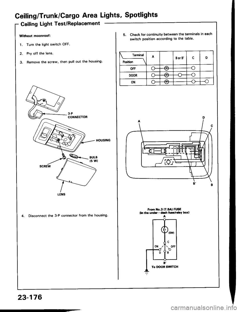 HONDA INTEGRA 1994 4.G Workshop Manual Geiling/Trunk/Cargo Area Lights Spotlights
Geiling Light Test/Replacement
Without moonroot:
1. Turn the light switch OFF.
2. Pry ofJ the lens.
3. Remove the sctew, then pull out the housing
4. Disco