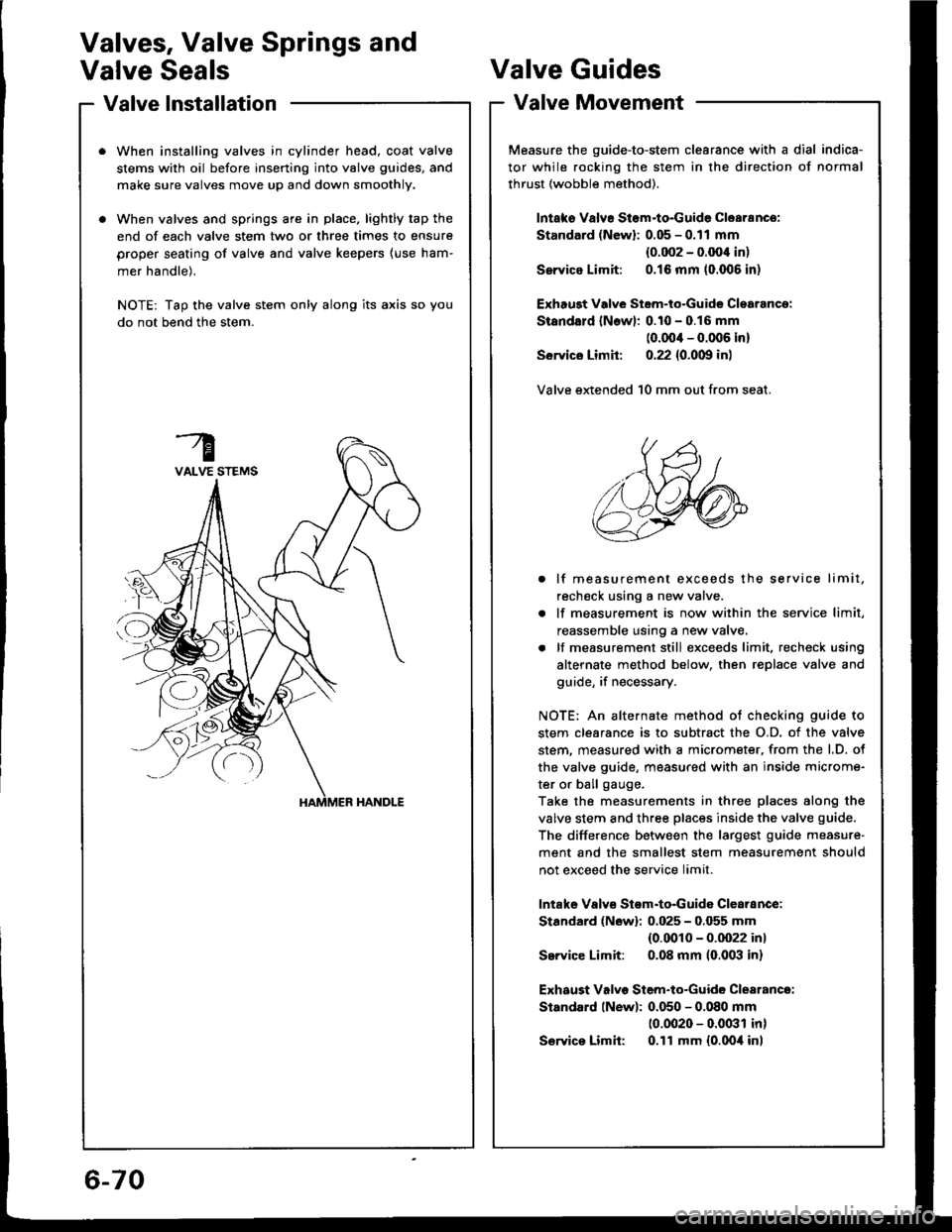 HONDA INTEGRA 1994 4.G Workshop Manual Valve lnstallation
When installing valves in cylinder head, coat valve
stems with oil before inserting into valve guides, and
make sure valves move up and down smoothly.
When valves and springs are in HONDA INTEGRA 1994 4.G Workshop Manual Valve lnstallation
When installing valves in cylinder head, coat valve
stems with oil before inserting into valve guides, and
make sure valves move up and down smoothly.
When valves and springs are in