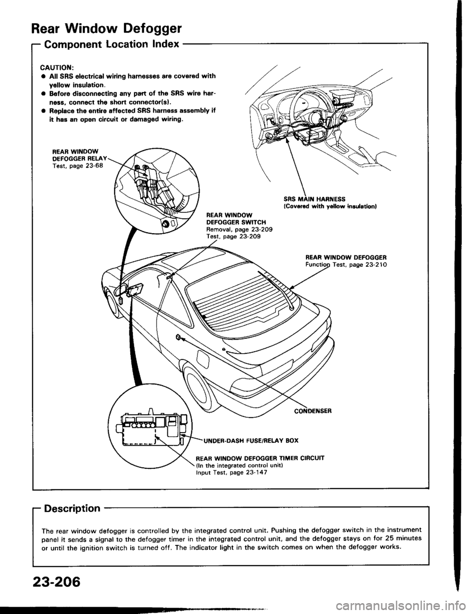 HONDA INTEGRA 1994 4.G Workshop Manual Rear Window Defogger
Component Location Index
CAUTION:
a All SRS olectrical wi ng ham€$6s are covoled with
y€llow insulation.
B6foro disconnocting any part of ths SRS wire har-
ness. connoct tho s