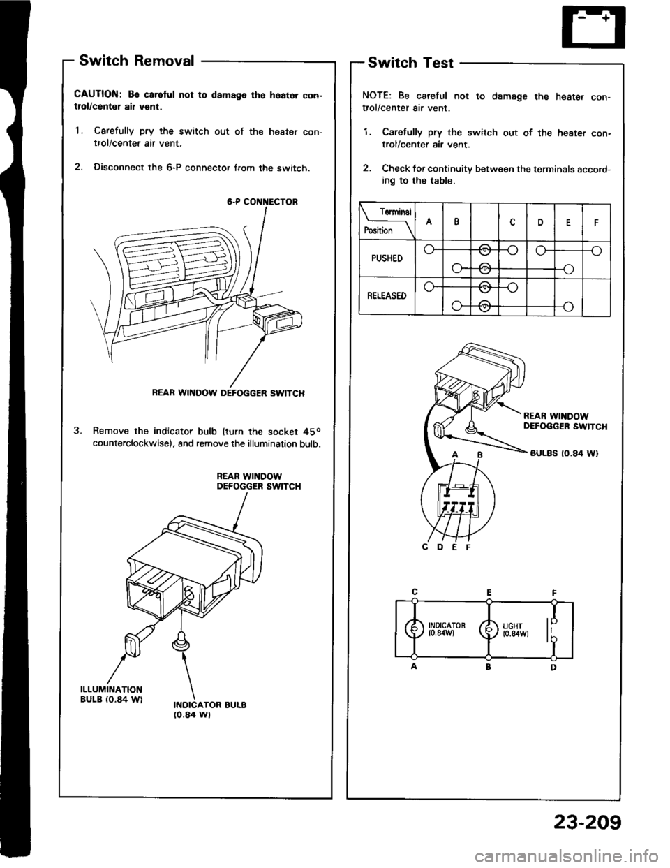 HONDA INTEGRA 1994 4.G Workshop Manual Switch Removal
CAUTION: Be caroful not to damags the hoator con-tlol/centel ail vent.
1, Carefully pry the switch out of the heater con-tfol/center air vent.
2. Disconnect the 6-P connecto, from the s