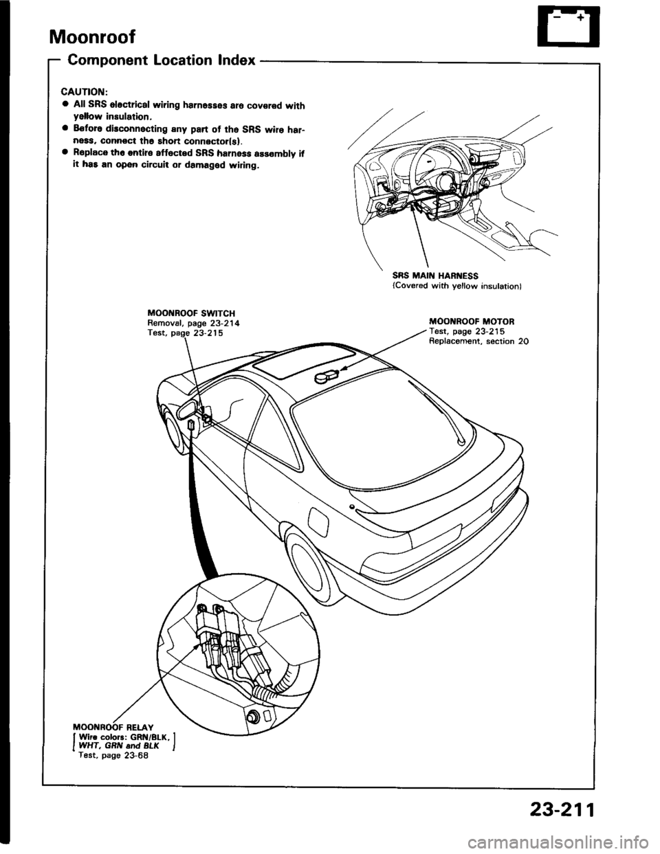 HONDA INTEGRA 1994 4.G Workshop Manual Moonroof
Gomponent Location lndex
a All SRS oloctrical wiring harnesses aro covared withyellow insulation,
a Eoforo disconnocting any part of tho SRS wire har-neaa, connoct th6 shon connector(sl.a Rop