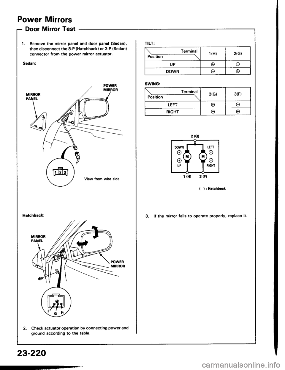 HONDA INTEGRA 1994 4.G Workshop Manual Power
Door
Mirrors
Mirror Test
1, Remove the mirror panel and door panel (Sed8n).
then disconnect the 8-P (Hatchback) or 3-P (Sedan)
connector from the power mirror actuator.
Sedan:
MIRNOR
Hatchback:3